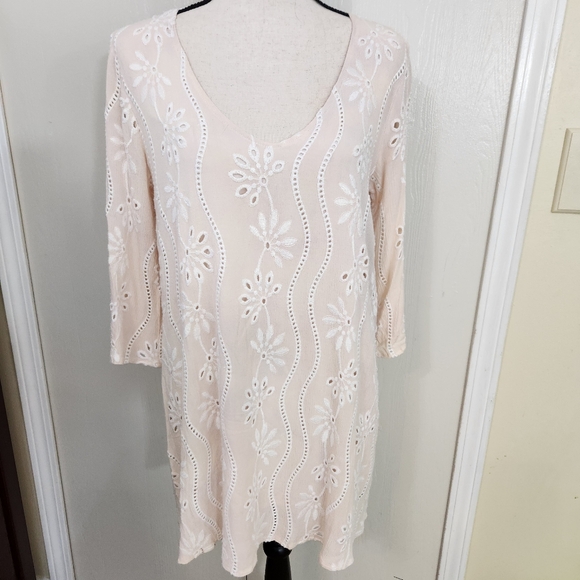 lulus eyelet lace wms lined mini dress 3/4 slv sz L ivory white aline boho hippy - Picture 5 of 11